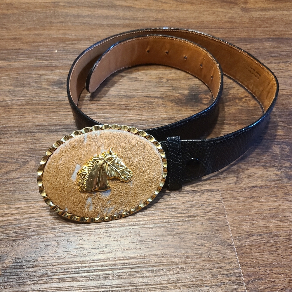 Bar Dee Collection By Cazador Black Reptile Belt Gold Calf Hair Horse Buckle
